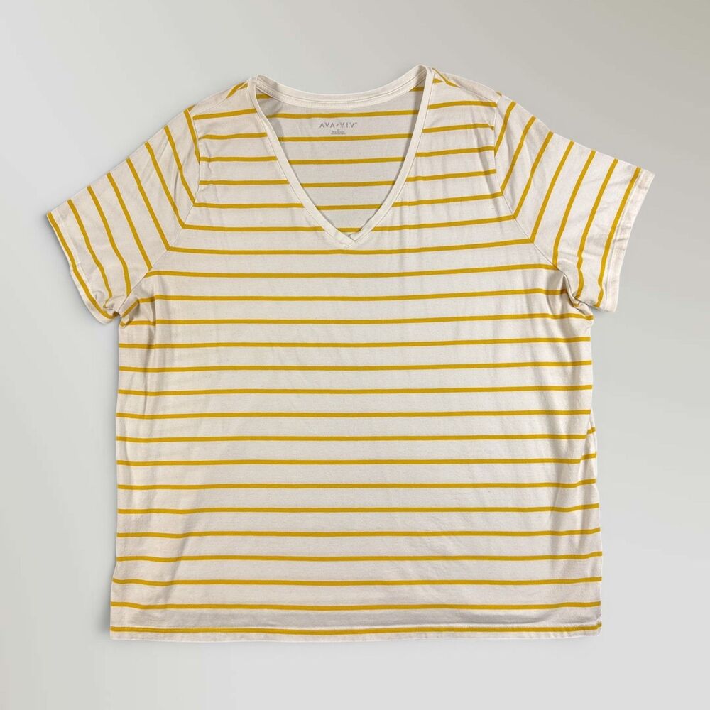 Ava & Viv Women's Yellow White Striped Short Sleeve V-Neck Tee Pullover Size 3X